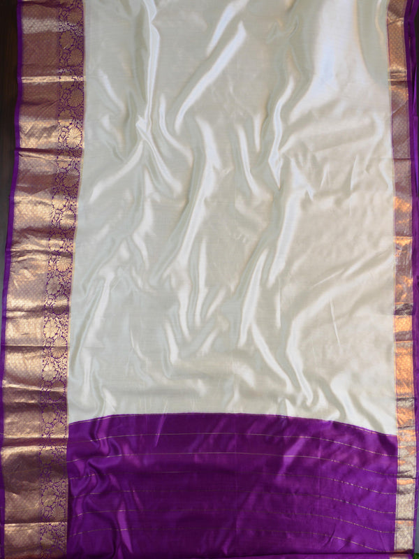 Banarasee Handloom Pure Chiniya Silk Saree With Zari Border-White & Violet