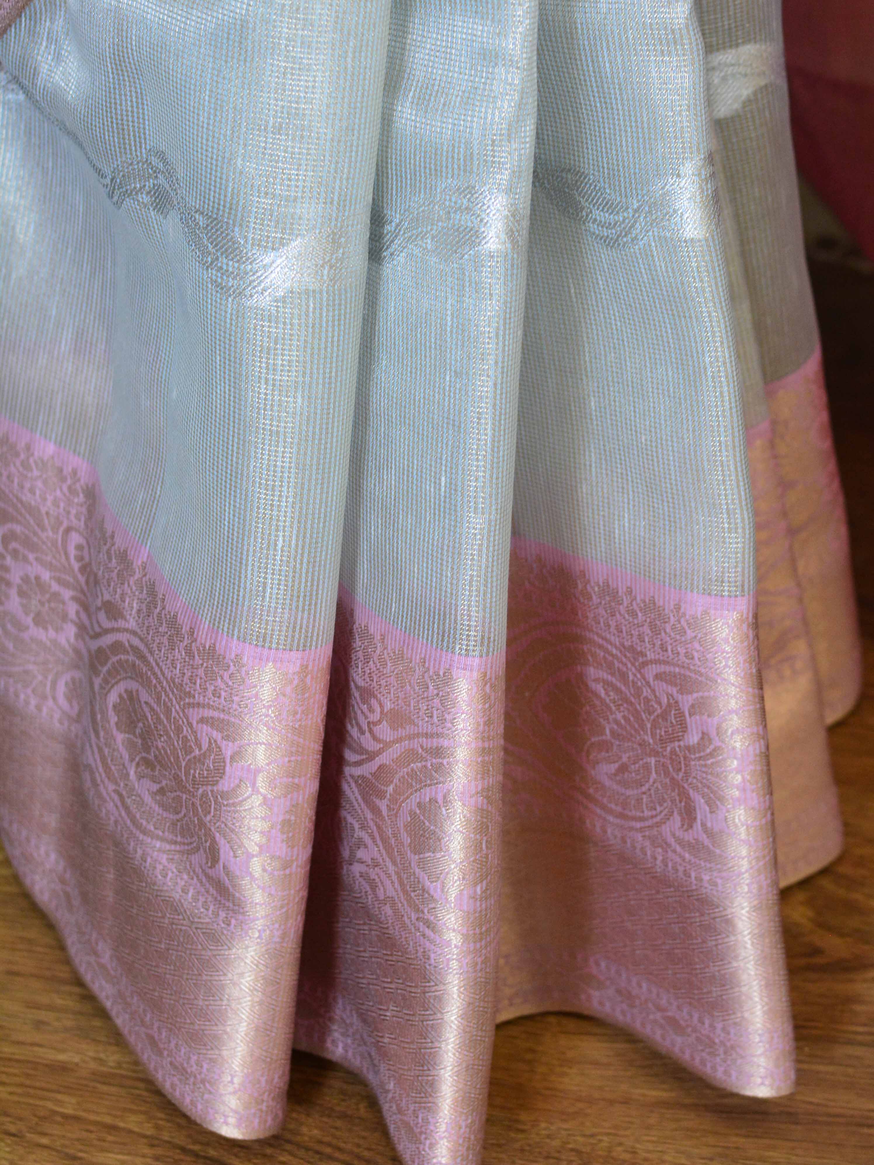 Banarasee Handwoven Tissue Saree With Pink Zari Border-Gold