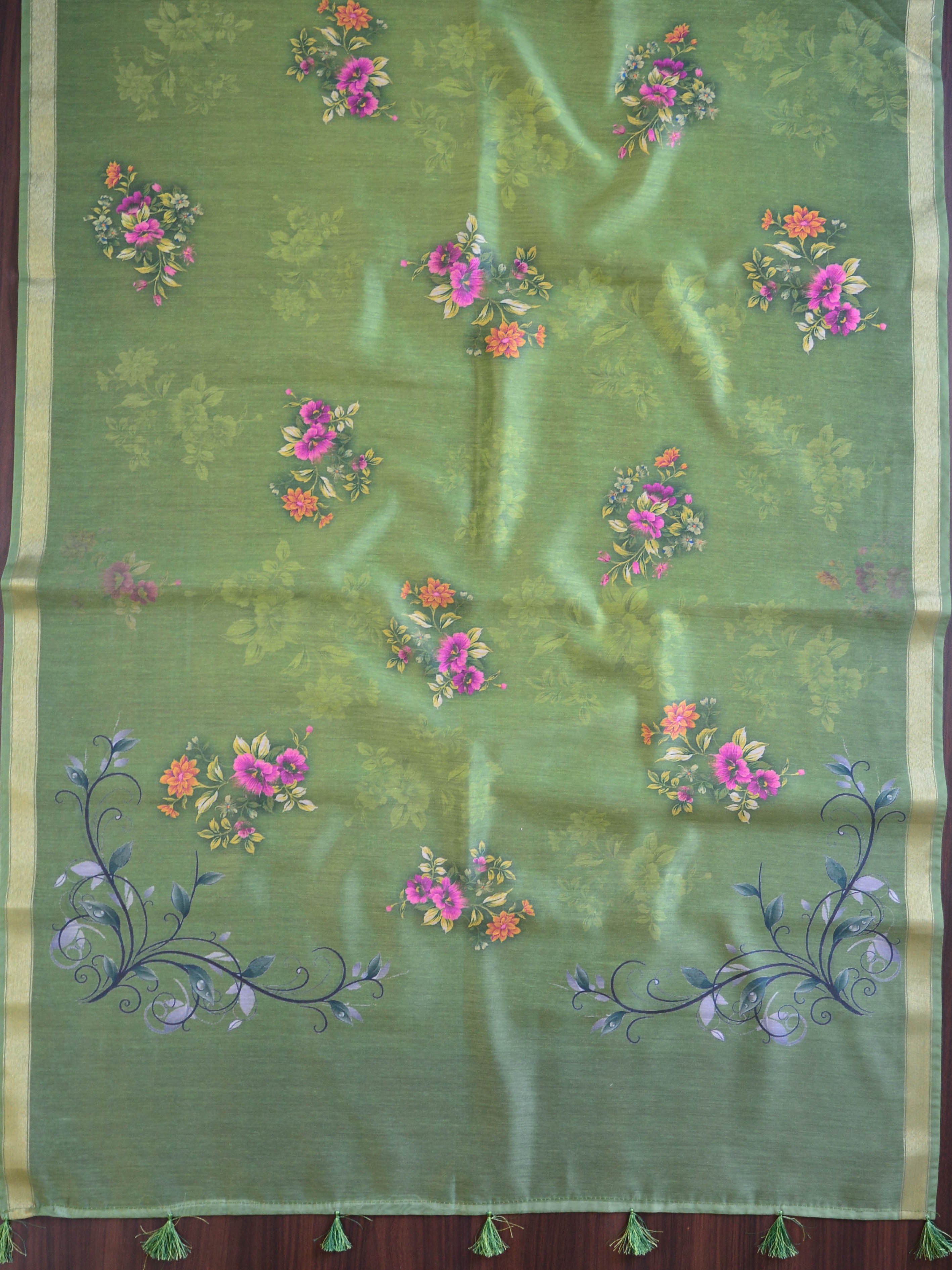 Banarasee Chanderi Cotton Zari Buti Salwar Kameez Fabric With Digital Print Dupatta-Olive Green
