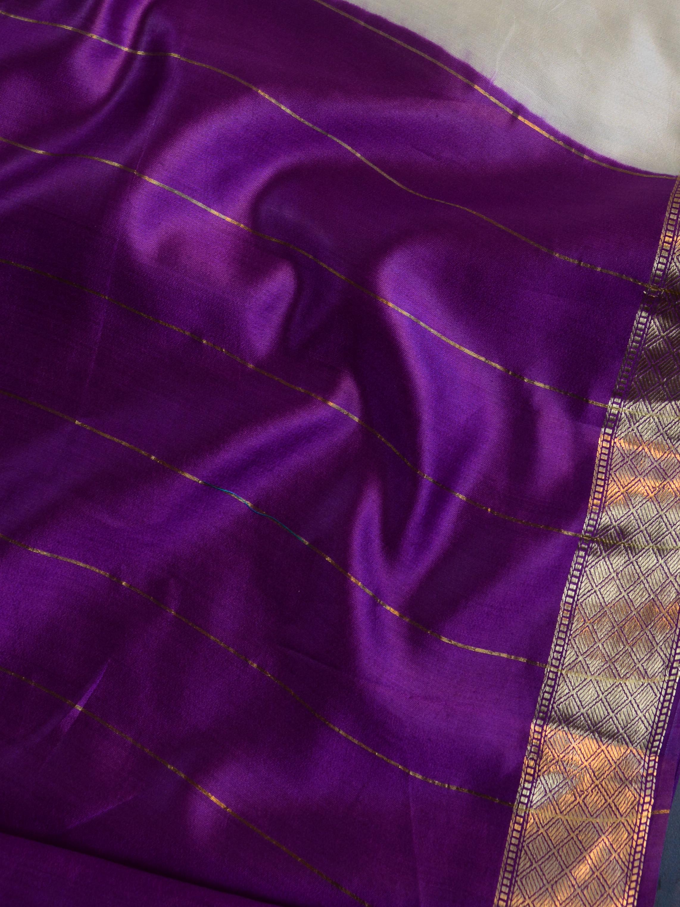 Banarasee Handloom Pure Chiniya Silk Saree With Zari Border-White & Violet