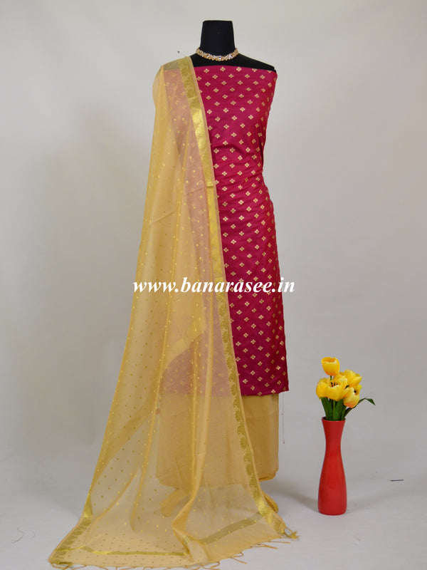 Banarasee Semi Silk Salwar Kameez Fabric With Gold Dupatta-Wine