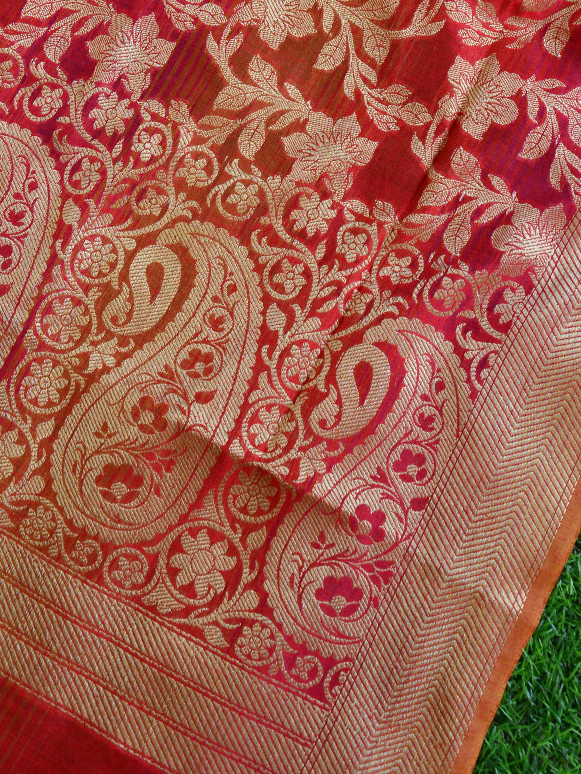 Banarasee Chanderi Cotton Salwar Kameez Zari Woven Buti Design Fabric-Red
