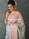 Banarasee Handwoven Tissue Saree With Pink Zari Border-Silver