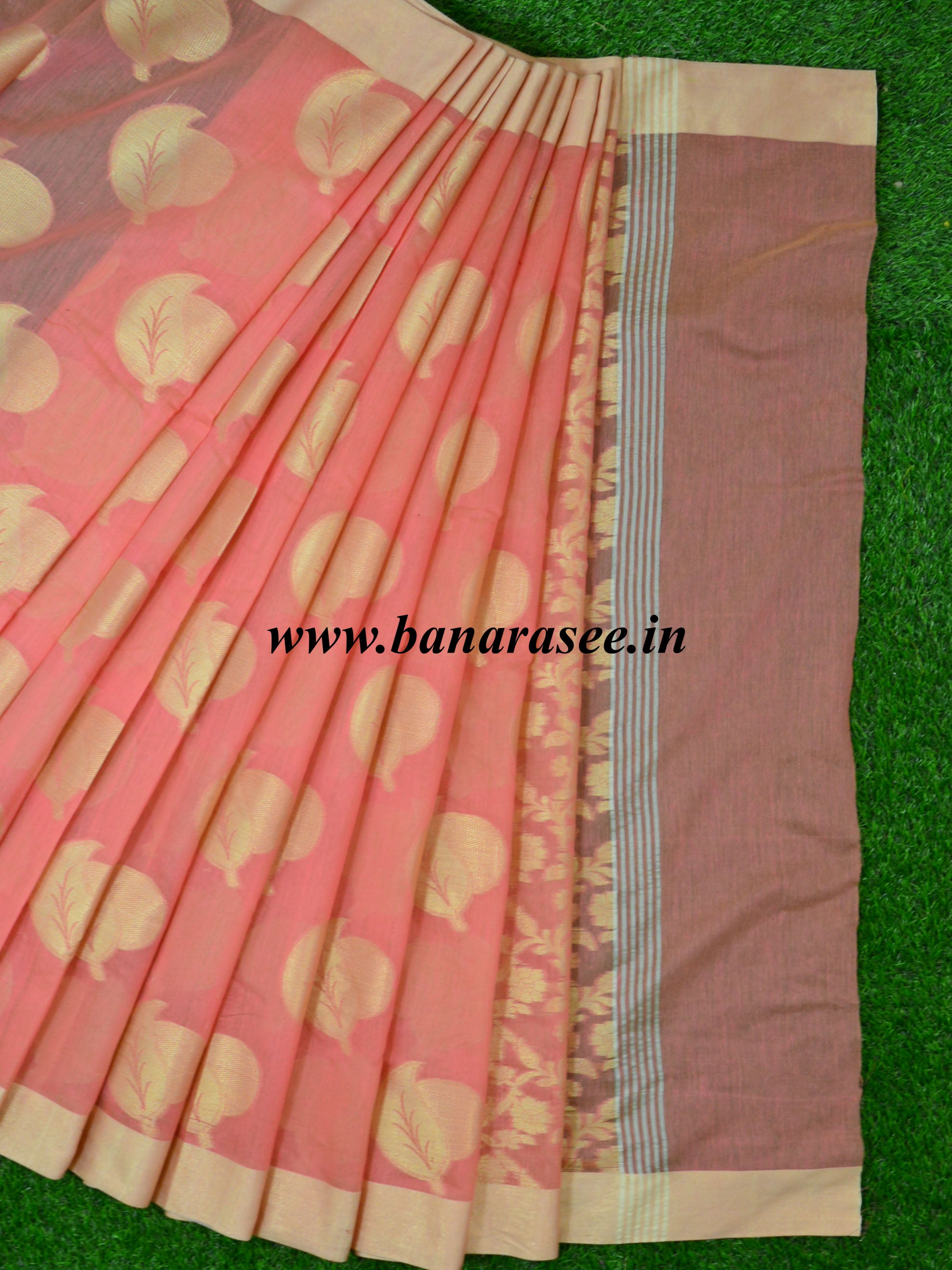 Banarasee Cotton Silk Zari Border & Buta Saree-Peach