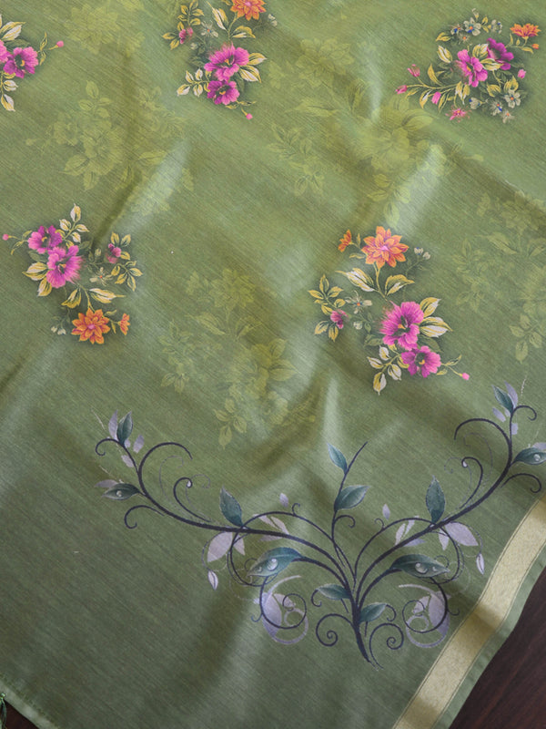 Banarasee Chanderi Cotton Zari Buti Salwar Kameez Fabric With Digital Print Dupatta-Olive Green