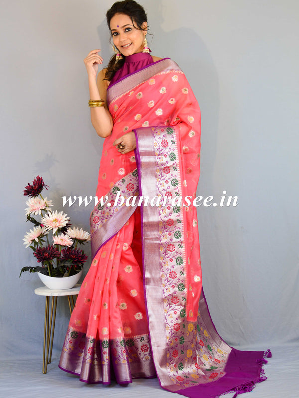 Banarasee Handwoven Semi-Chiffon Saree With Zari Buti & Border-Pink & Purple