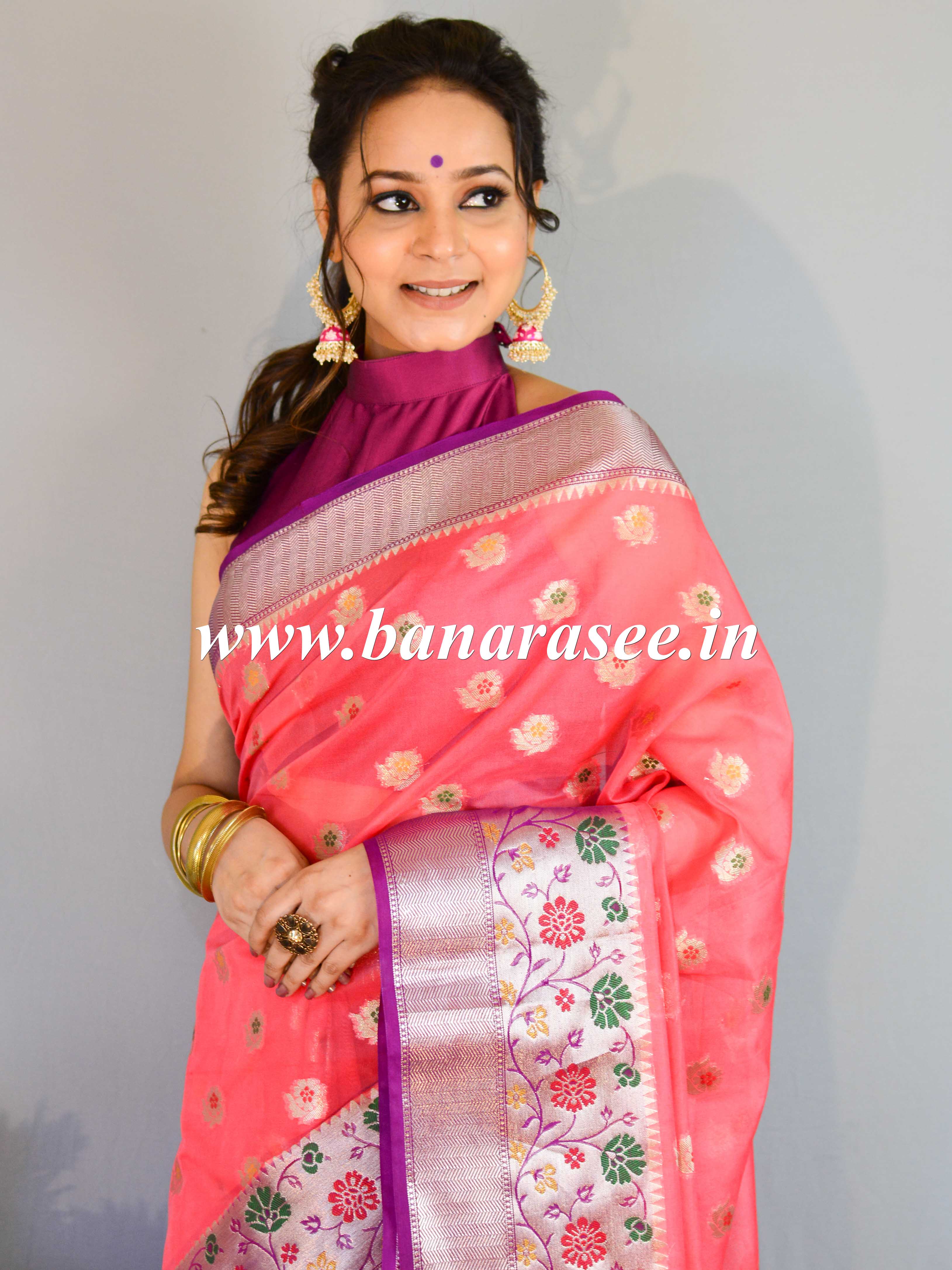 Banarasee Handwoven Semi-Chiffon Saree With Zari Buti & Border-Pink & Purple