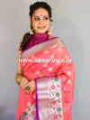 Banarasee Handwoven Semi-Chiffon Saree With Zari Buti & Border-Pink & Purple