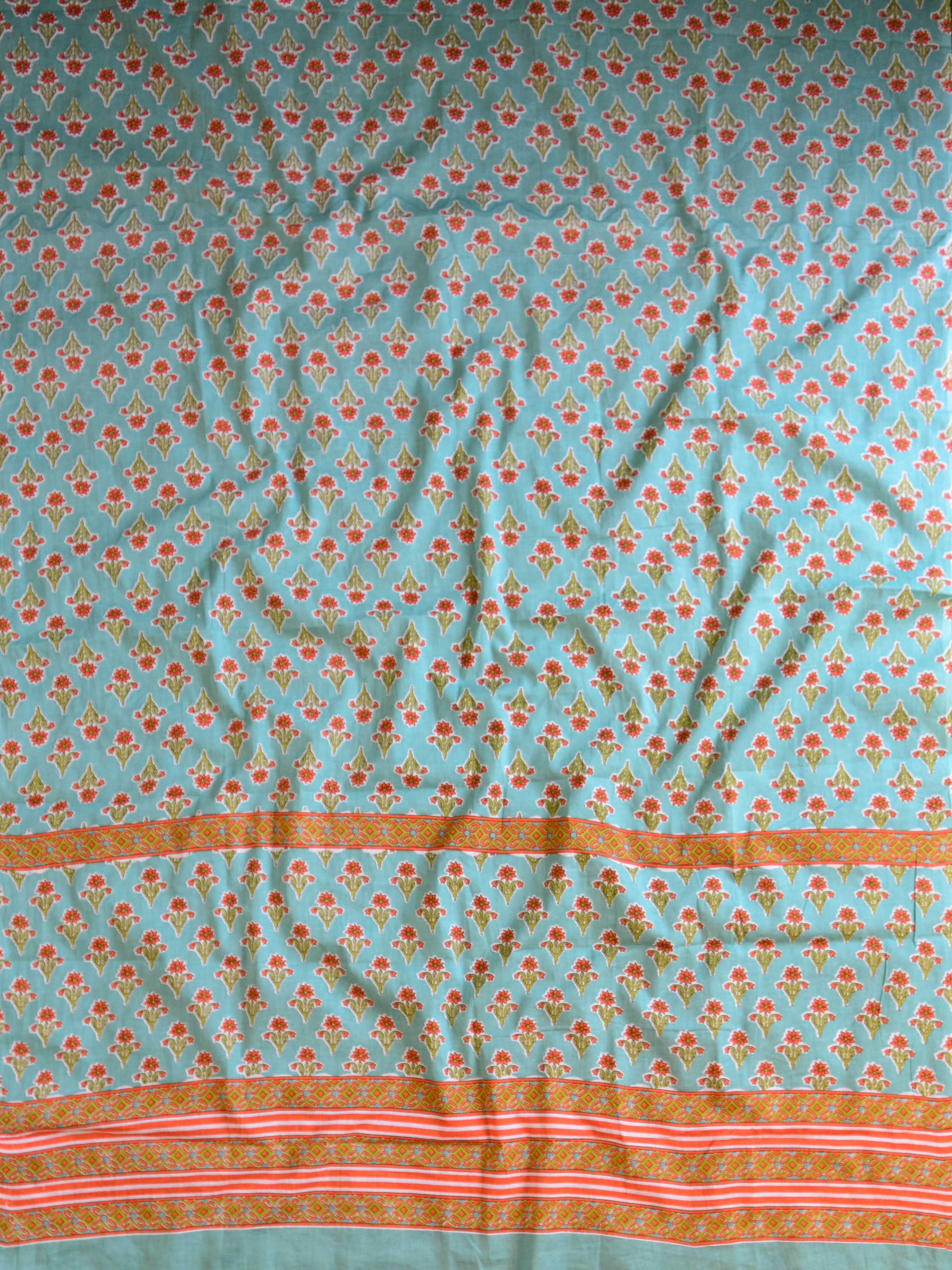 Handloom Mul Cotton Handblock Printed Suit Set-White & Blue