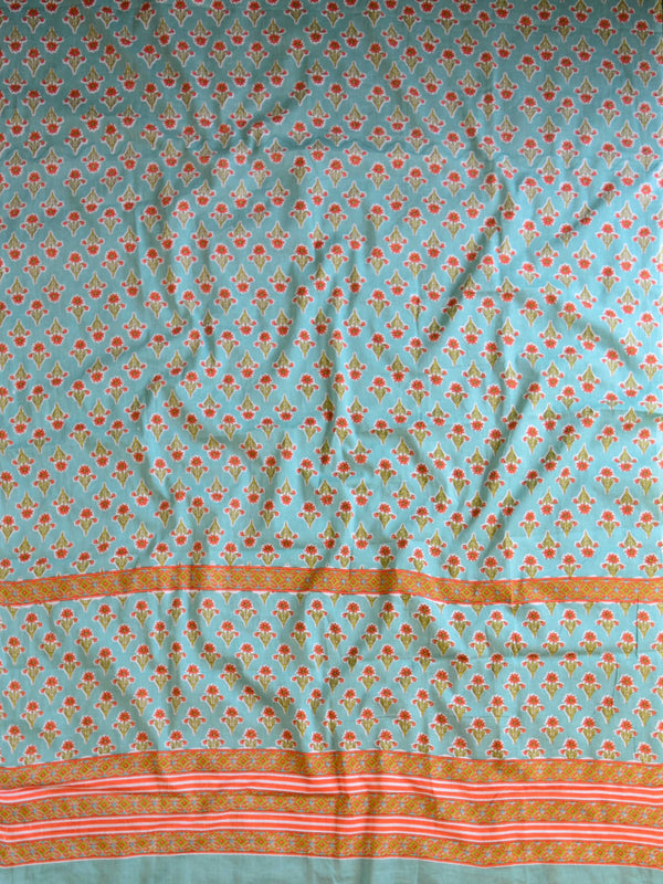 Handloom Mul Cotton Handblock Printed Suit Set-White & Blue