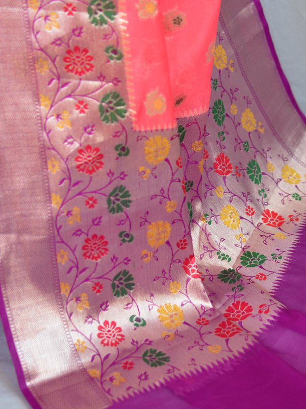 Banarasee Handwoven Semi-Chiffon Saree With Zari Buti & Border-Pink & Purple