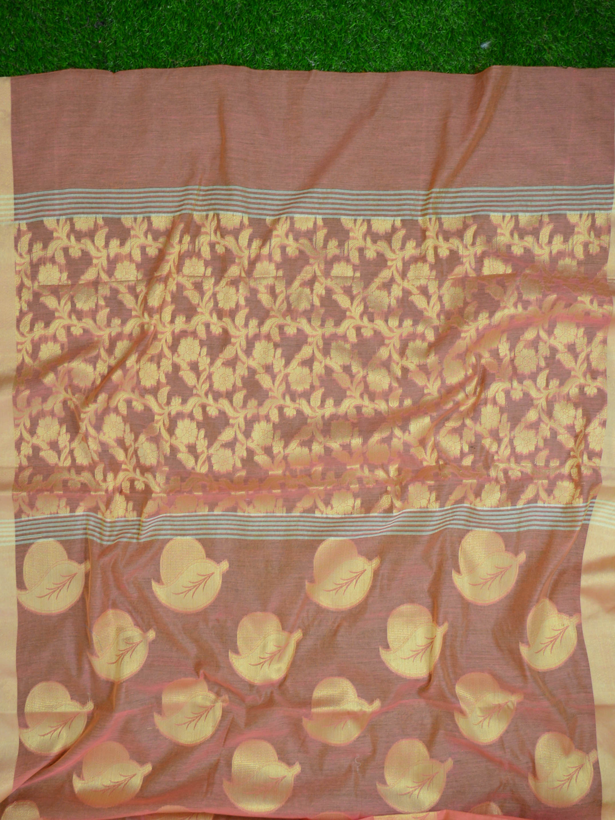 Banarasee Cotton Silk Zari Border & Buta Saree-Peach
