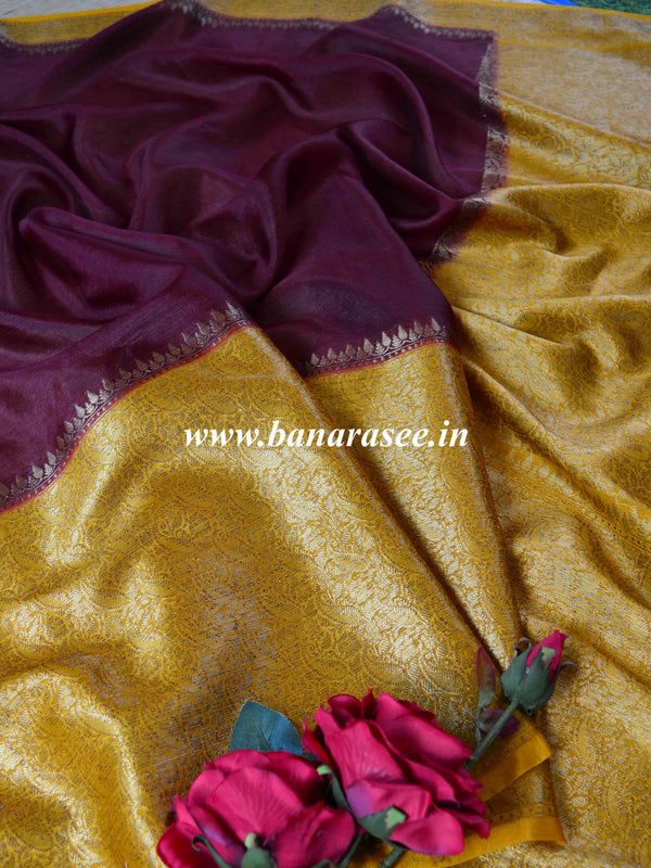 Banarasee Handwoven Semi Silk Saree Broad Zari Border-Wine & Yellow