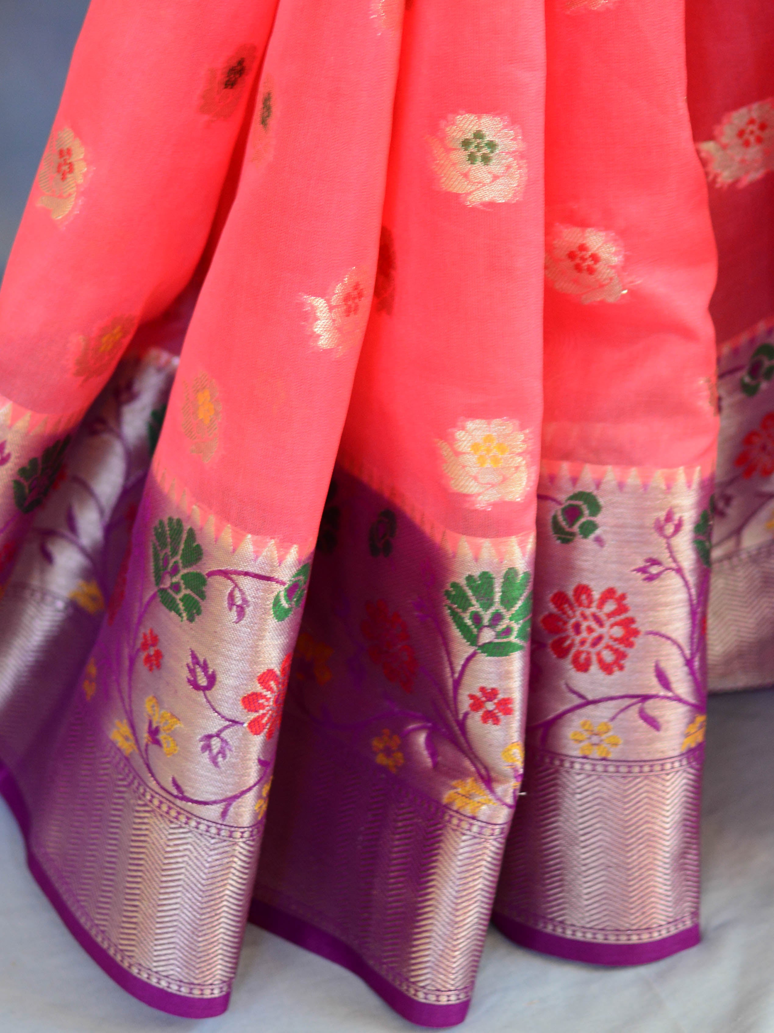 Banarasee Handwoven Semi-Chiffon Saree With Zari Buti & Border-Pink & Purple
