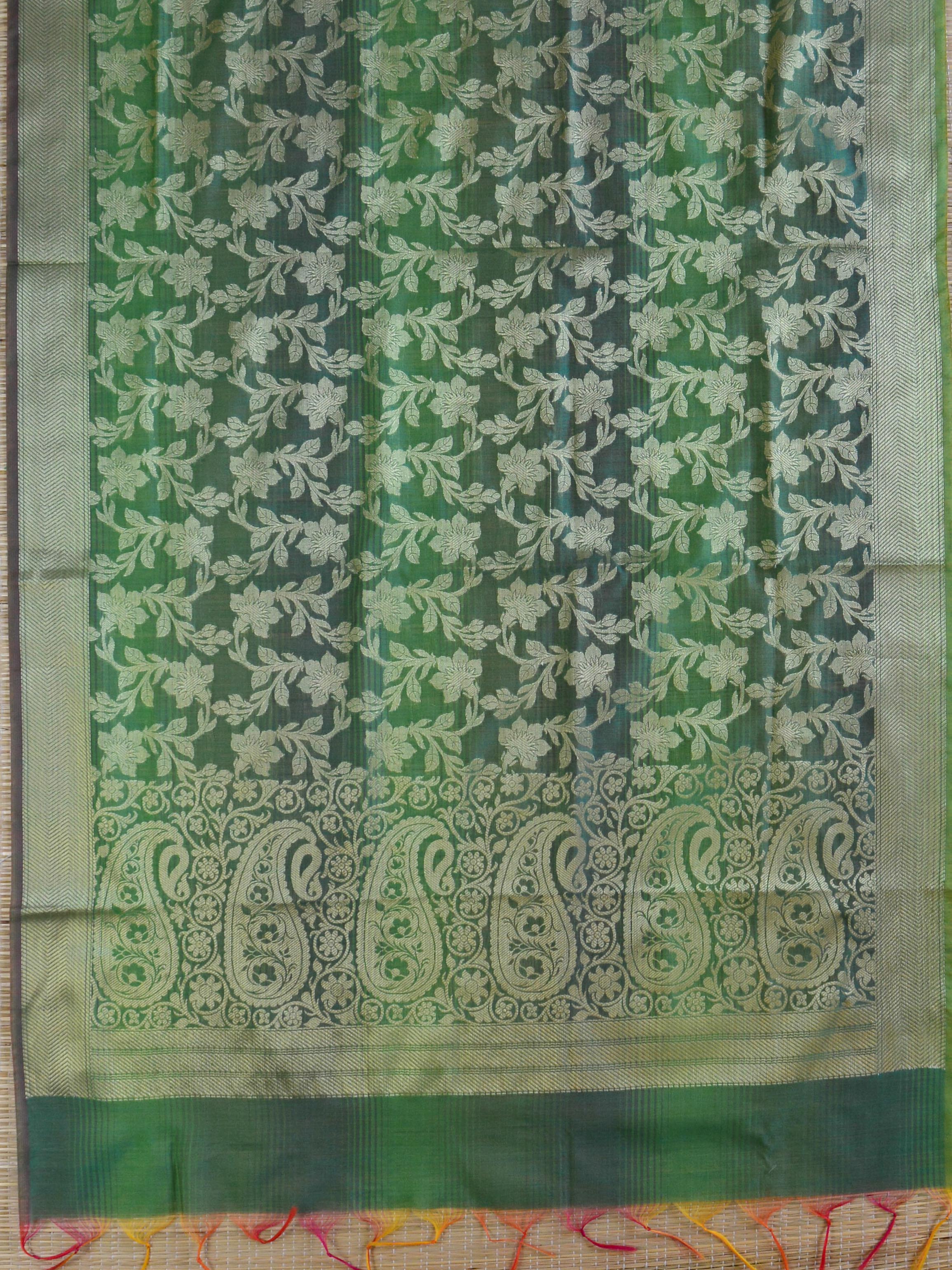 Banarasee Chanderi Cotton Salwar Kameez Zari Woven Buti Design Fabric-Green