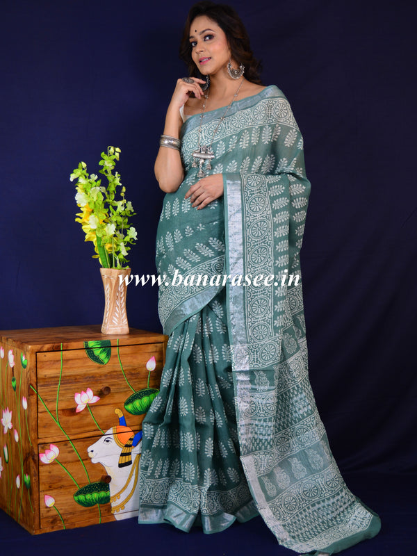 Banarasee Linen Cotton Bagru Hand-Block Printed Saree-Green