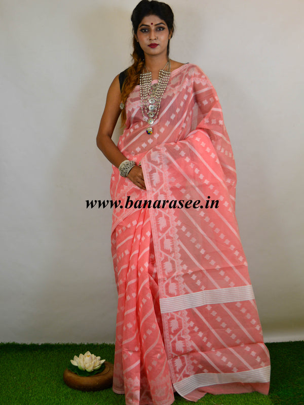 Banarasee Cotton Jamdani Saree With Resham Jaal-Peach