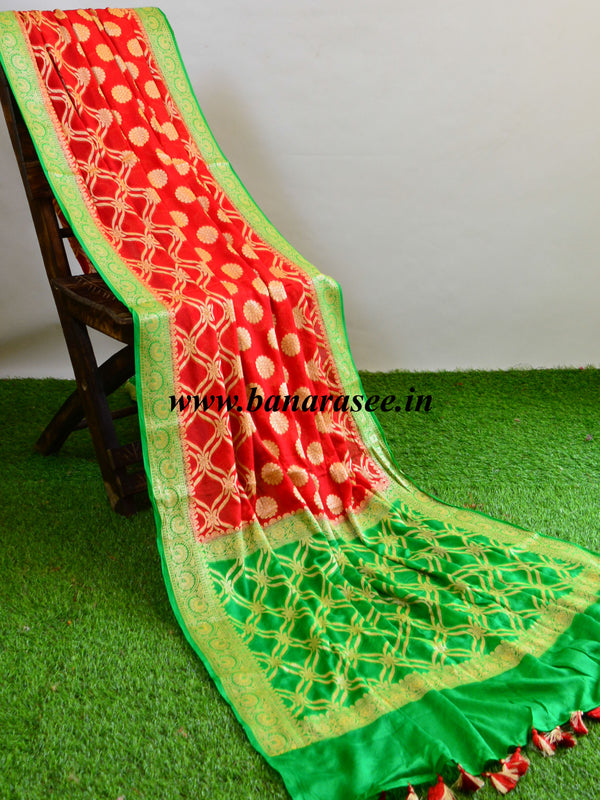 Banarasee Chiffon Zari Jaal Saree-Red & Green