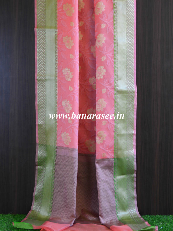 Banarasee Kora Muslin Saree With Jaal Design & Floral Border-Peach