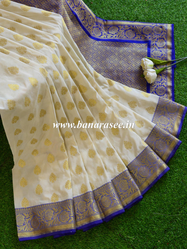 Banarasee Handwoven Semi Silk Saree With Zari Buta Design & Floral Border-White