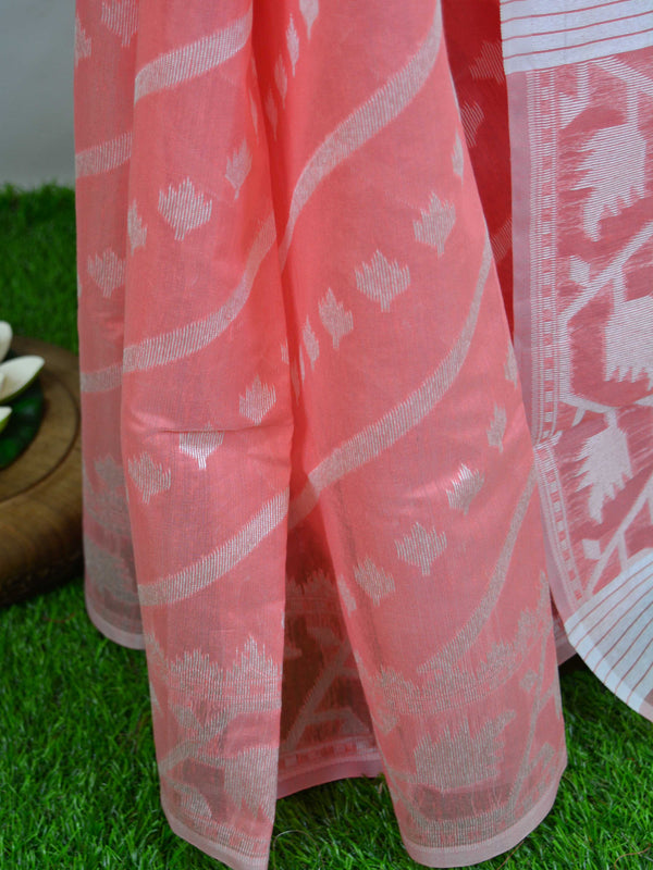 Banarasee Cotton Jamdani Saree With Resham Jaal-Peach
