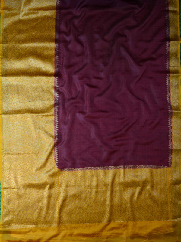 Banarasee Handwoven Semi Silk Saree Broad Zari Border-Wine & Yellow