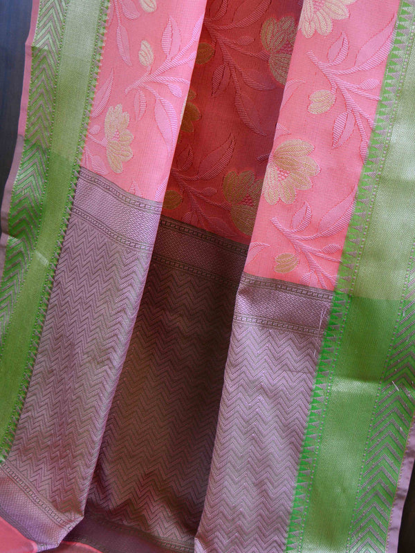 Banarasee Kora Muslin Saree With Jaal Design & Floral Border-Peach