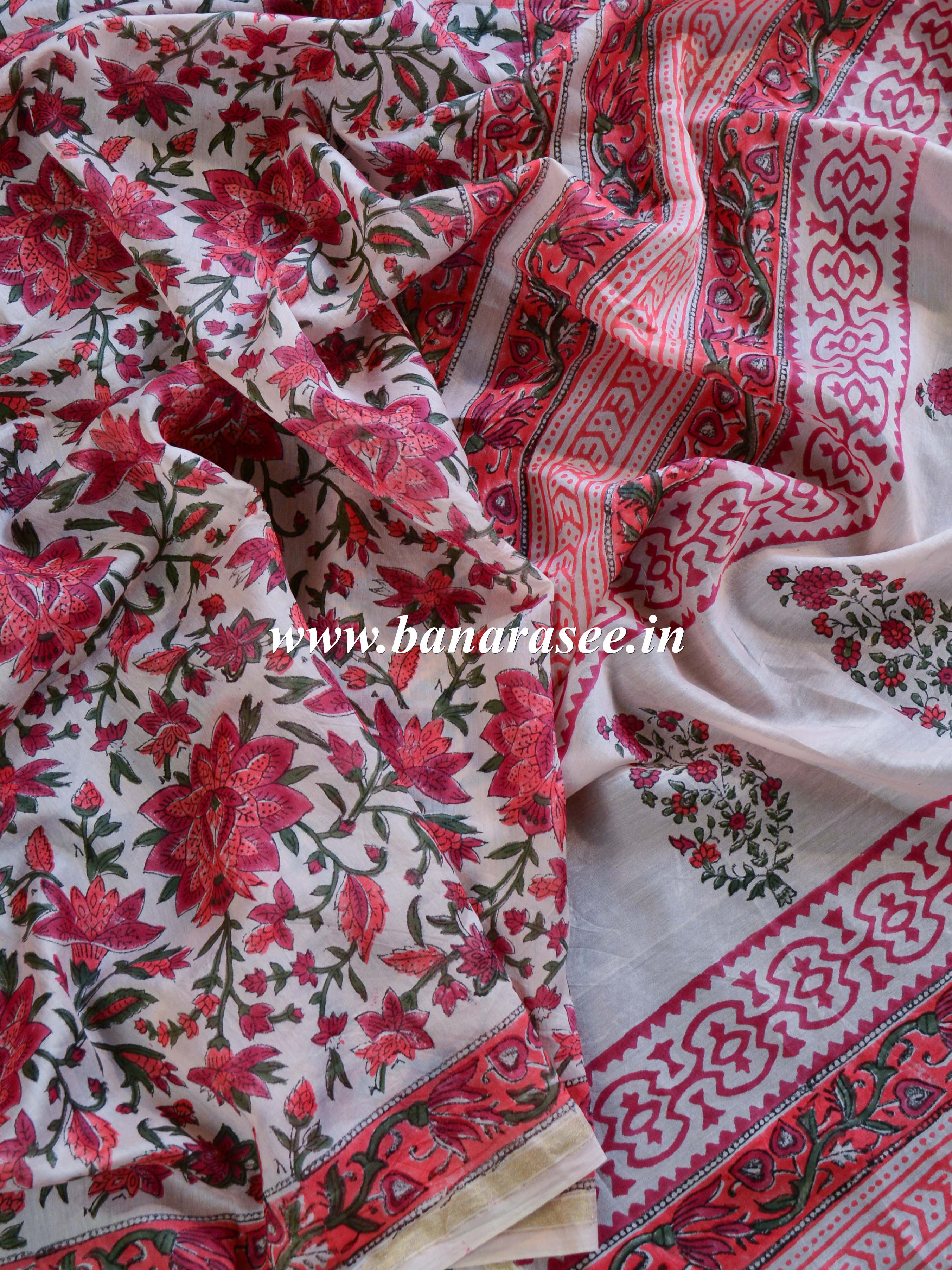 Handloom Chanderi Bagru Block Printed Saree-Peach