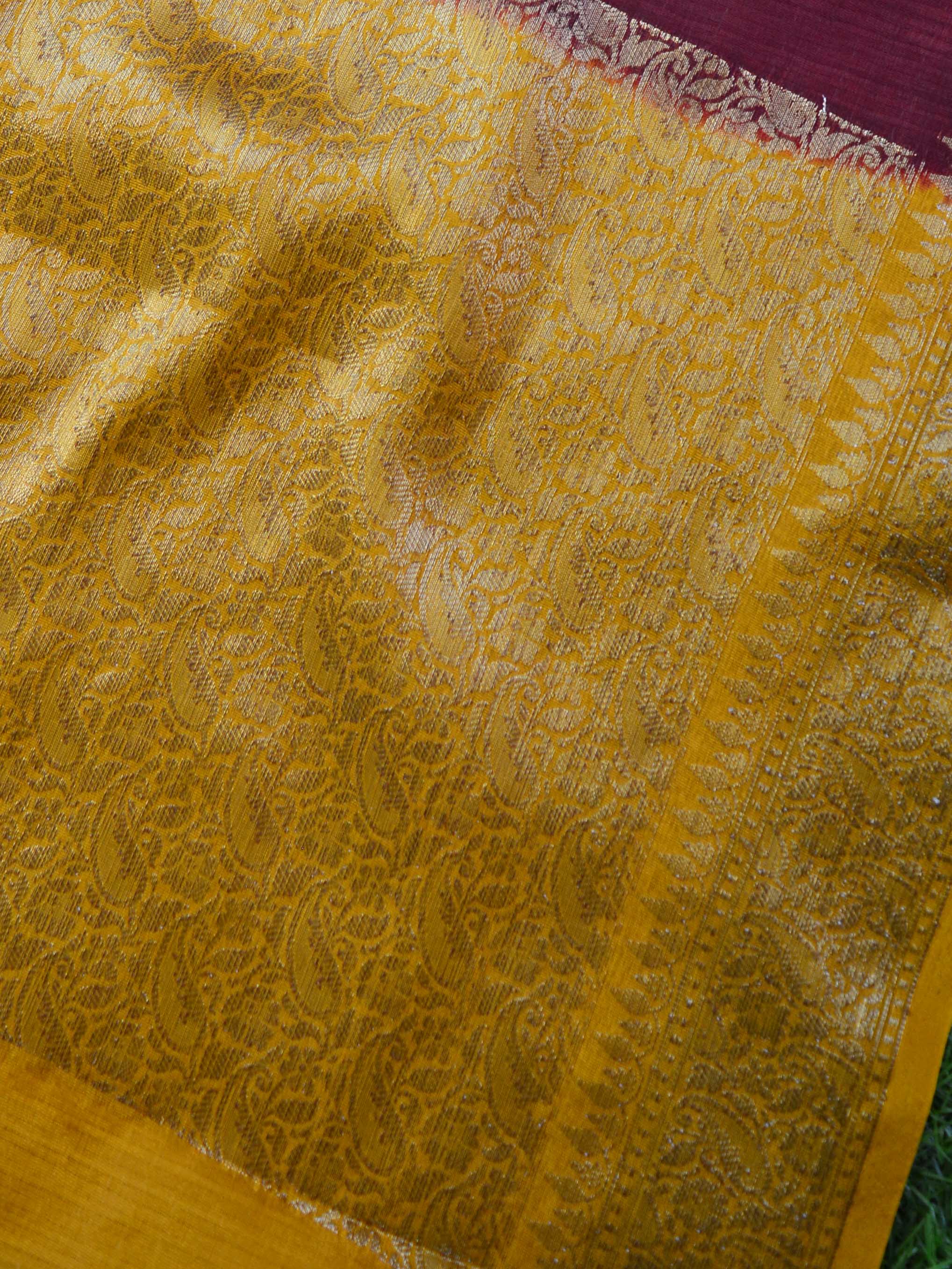 Banarasee Handwoven Semi Silk Saree Broad Zari Border-Wine & Yellow
