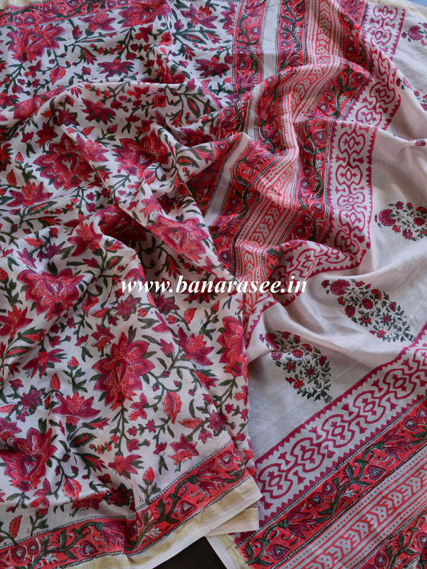 Handloom Chanderi Bagru Block Printed Saree-Peach