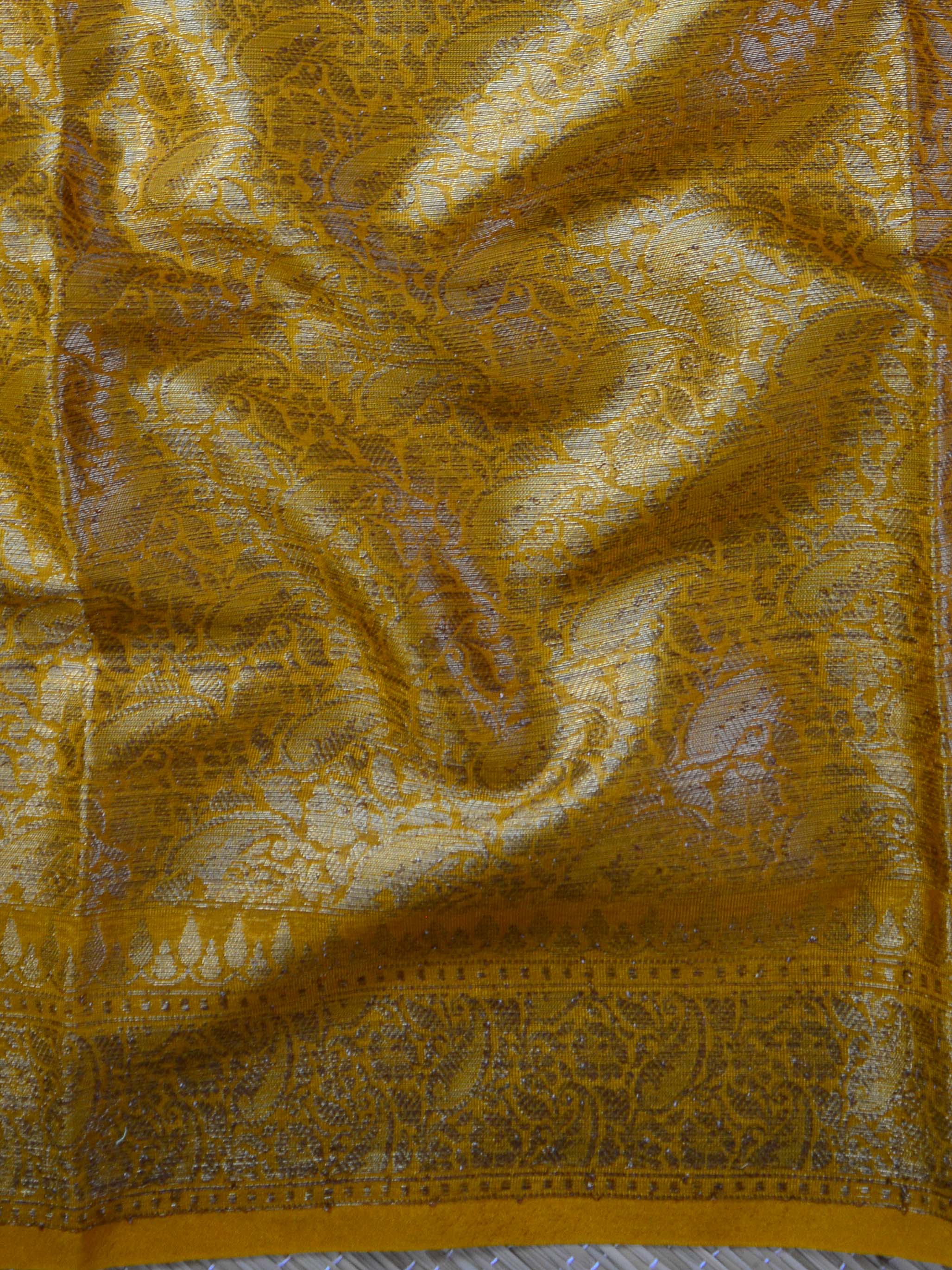Banarasee Handwoven Semi Silk Saree Broad Zari Border-Wine & Yellow