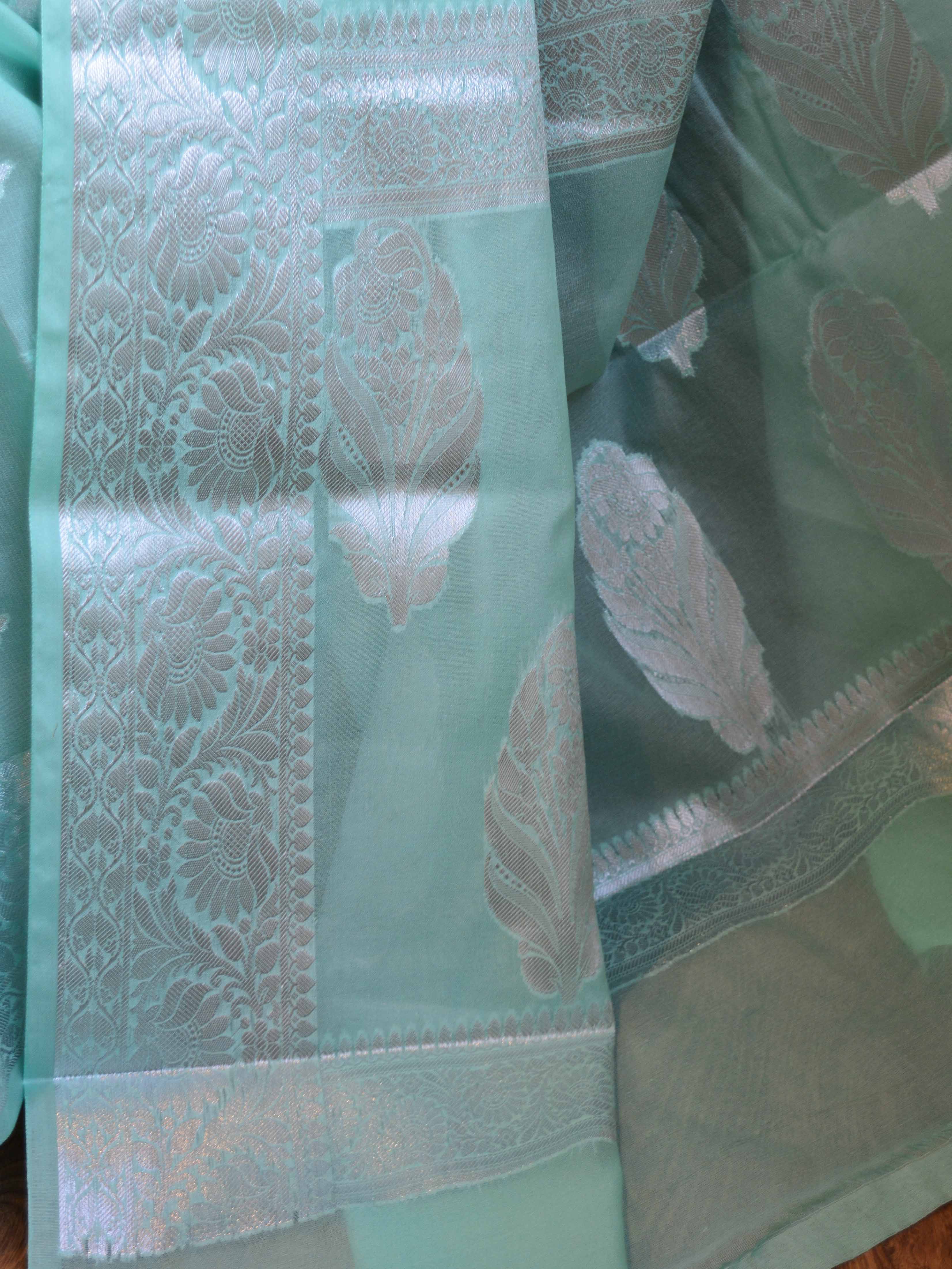 Banarasee Handwoven Semi-Chiffon Saree With Silver Buta-Sea Green