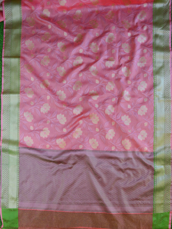 Banarasee Kora Muslin Saree With Jaal Design & Floral Border-Peach