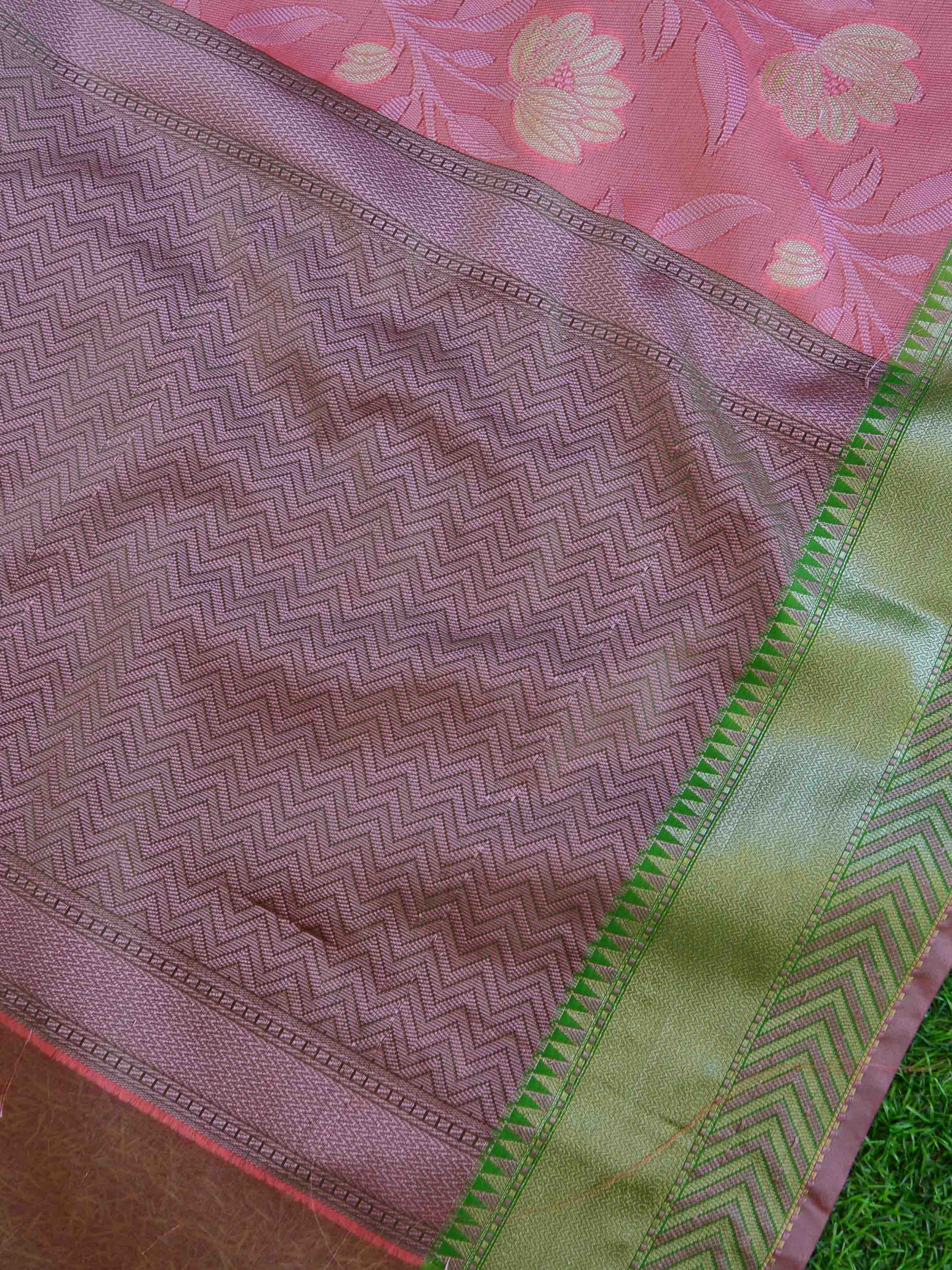Banarasee Kora Muslin Saree With Jaal Design & Floral Border-Peach