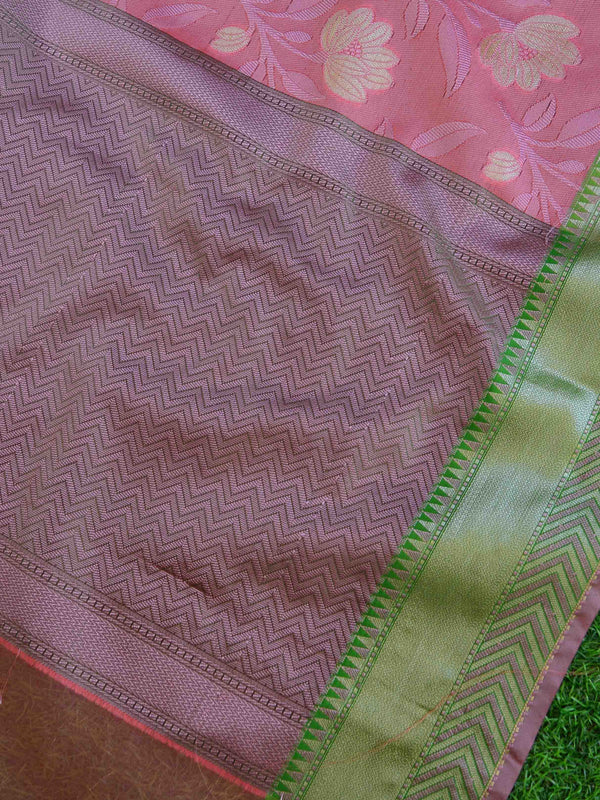 Banarasee Kora Muslin Saree With Jaal Design & Floral Border-Peach
