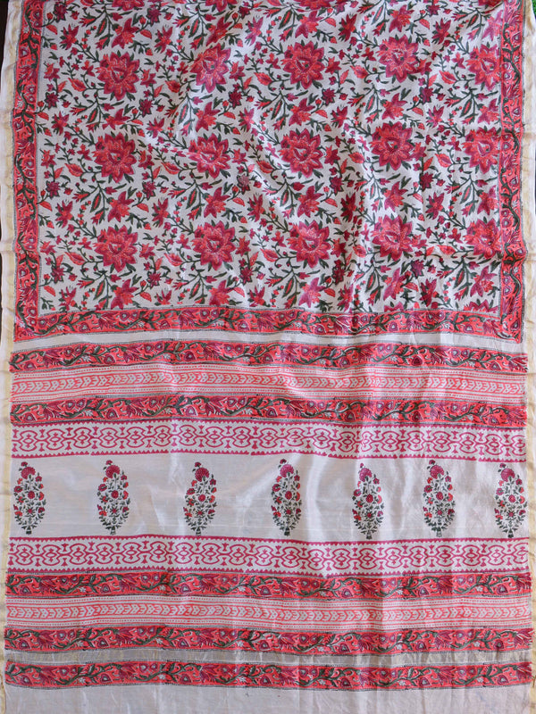 Handloom Chanderi Bagru Block Printed Saree-Peach