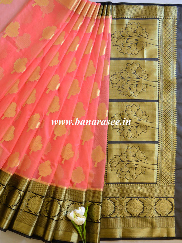 Banarasee Organza Mix Saree With Zari Buta & Border Saree-Peach & Black