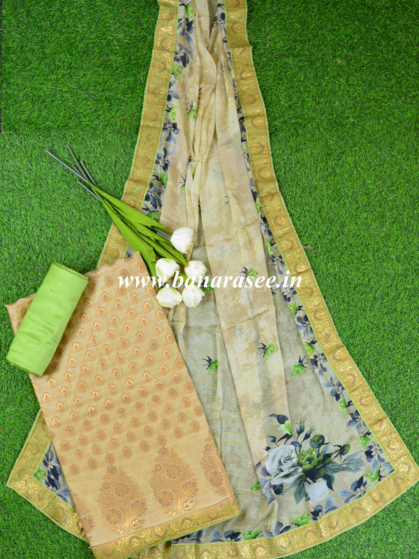 Banarasee Salwar Kameez Cotton Silk Woven Zari Buti Fabric With Digital Print Dupatta-Beige