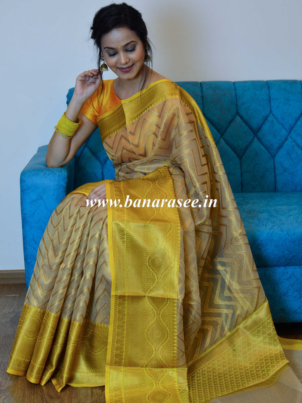 Banarasee Tissue Saree With Antique Zari Zig-Zag Design- Gold & Yellow