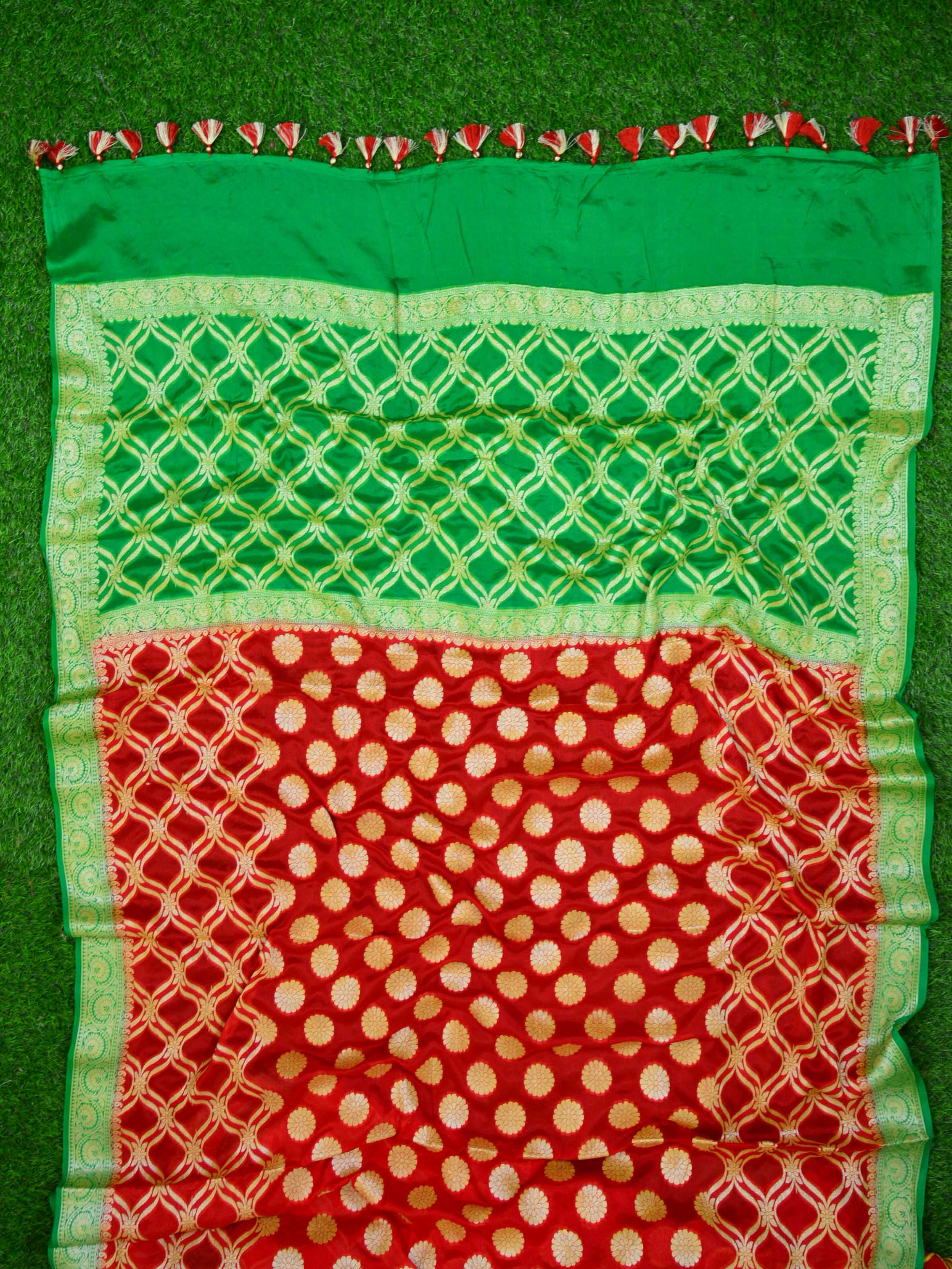 Banarasee Chiffon Zari Jaal Saree-Red & Green
