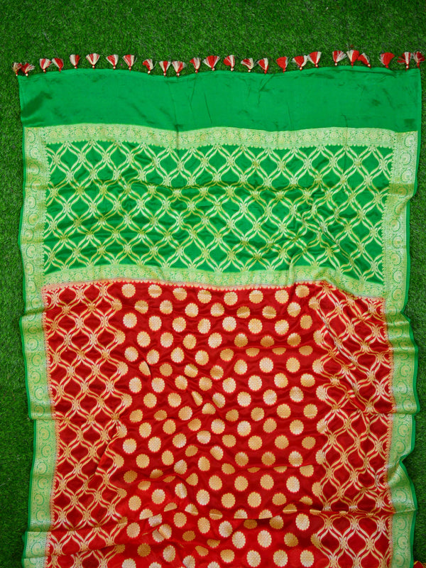 Banarasee Chiffon Zari Jaal Saree-Red & Green
