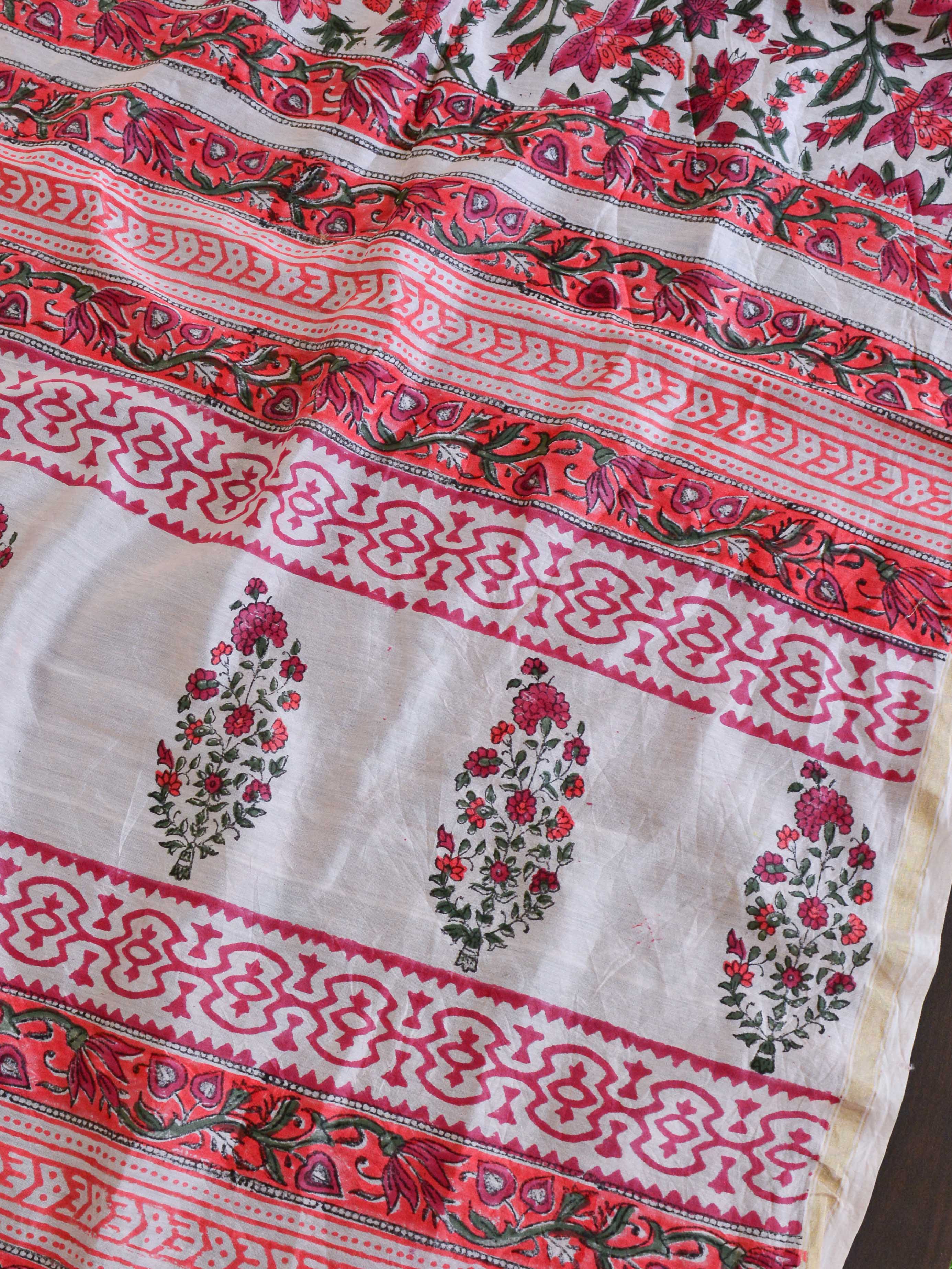 Handloom Chanderi Bagru Block Printed Saree-Peach