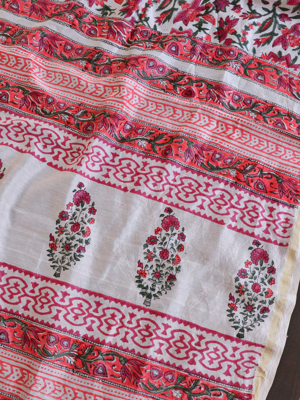 Handloom Chanderi Bagru Block Printed Saree-Peach