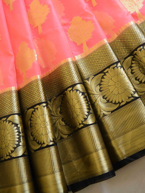 Banarasee Organza Mix Saree With Zari Buta & Border Saree-Peach & Black