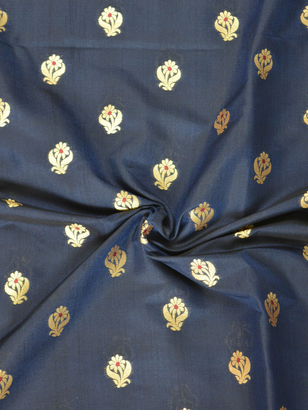 Banarasee Soft Semi Katan Silk Mini Gold Buti Design Fabric-Deep Blue