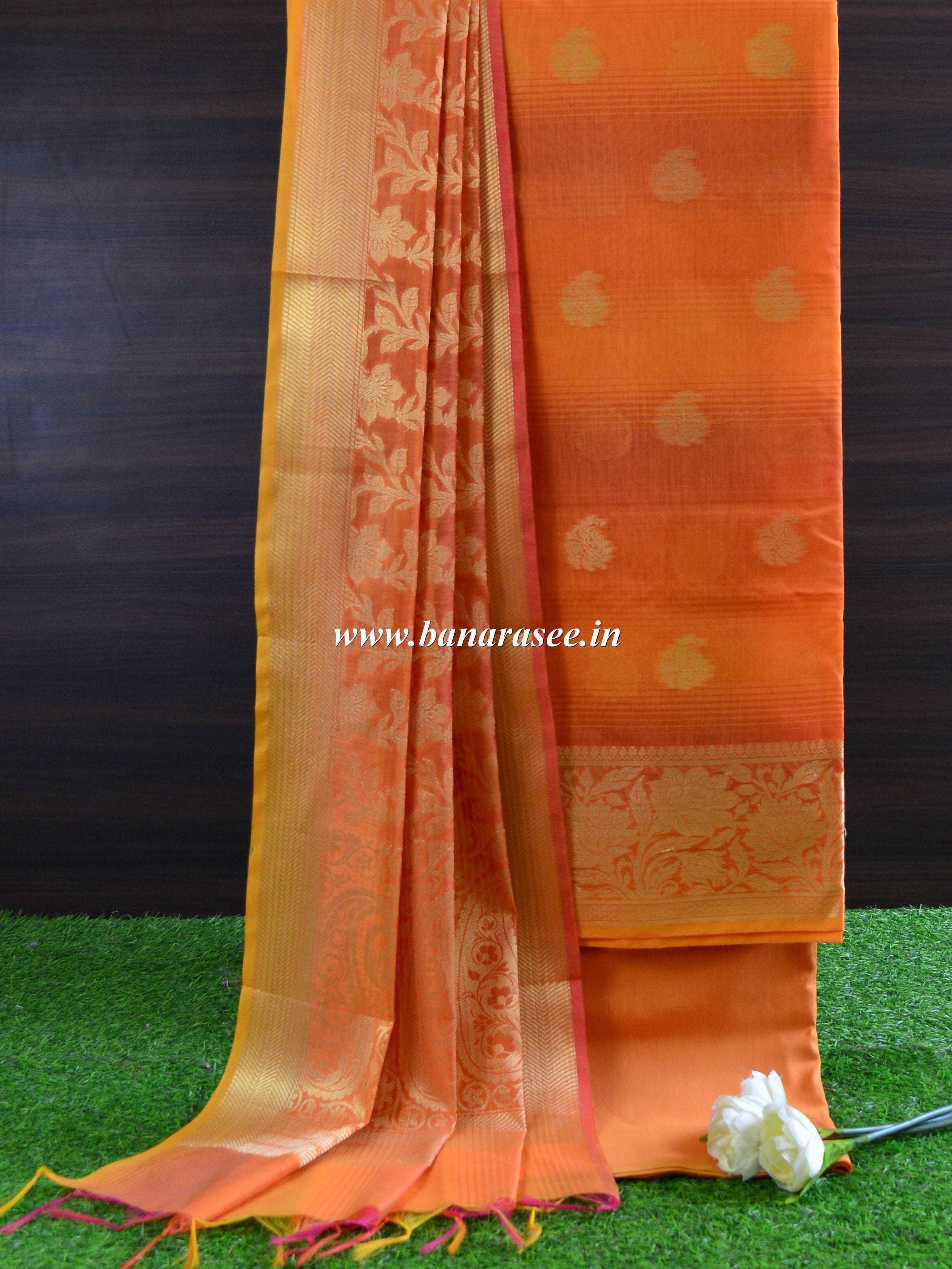 Banarasee Chanderi Cotton Salwar Kameez Zari Woven Buti Design Fabric-Orange
