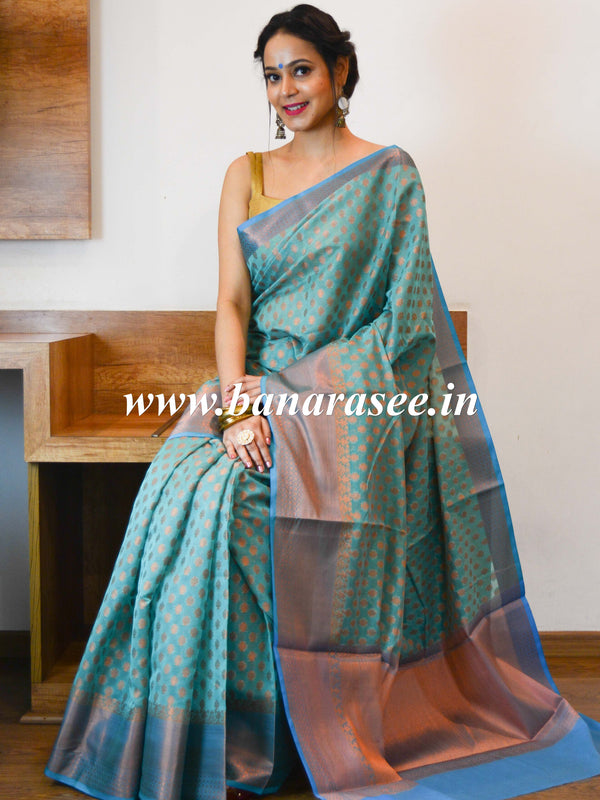 Banarasee Cotton Silk Mix Saree With Zari Buti Design-Blue