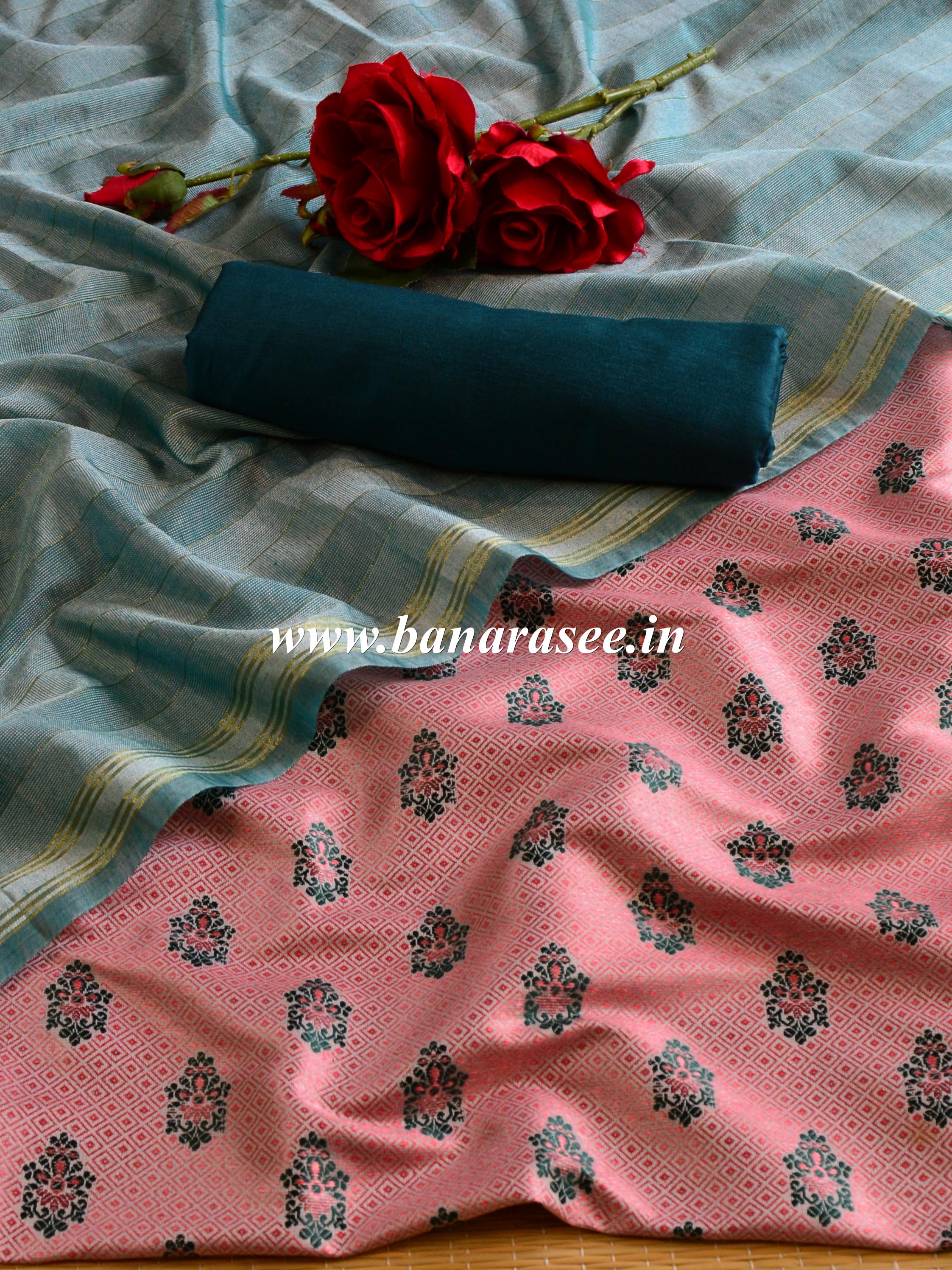 Banarasee Brocade Salwar Kameez Fabric With Cotton Silk Dupatta-Peach & Blue