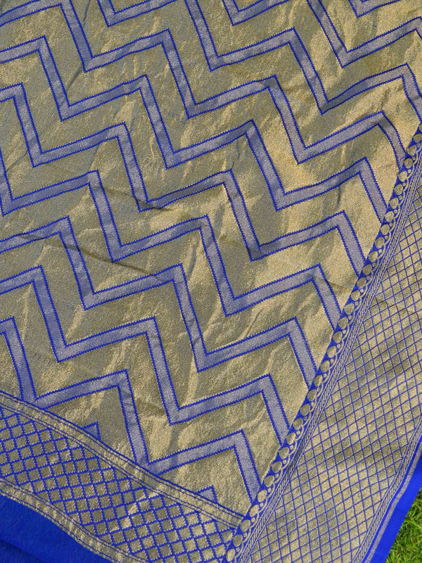 Banarasee Pure Khaddi Chiffon Silk Sari With Stripes Design Solid Zari Border-Royal Blue