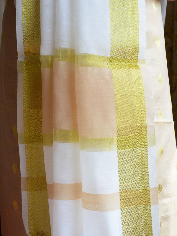 Banarasee Salwar Kameez Cotton Silk Gold Zari Buti Woven Fabric With White Dupatta-Beige